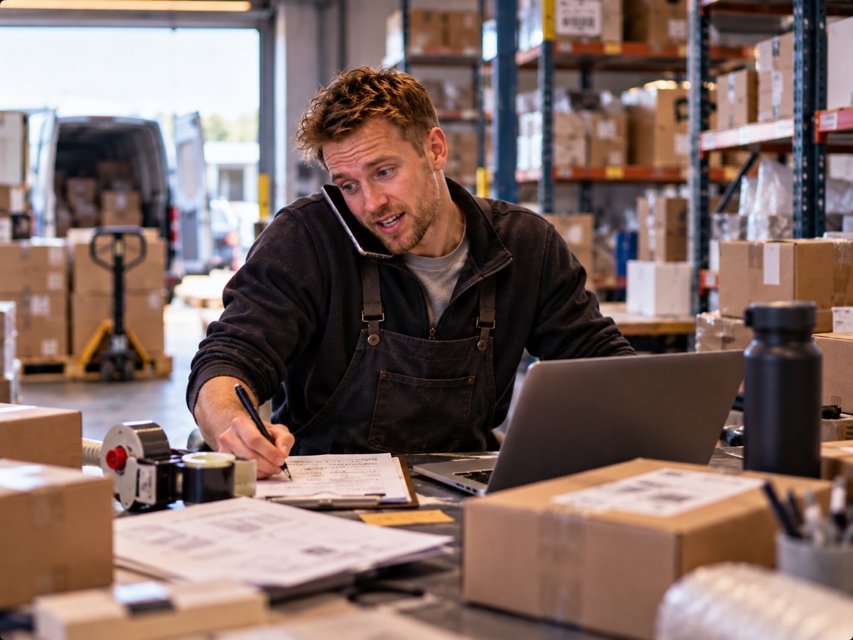 Ondernemer in zijn magazijn, aan de telefoon en tegelijk aan het schrijven, tussen de dozen